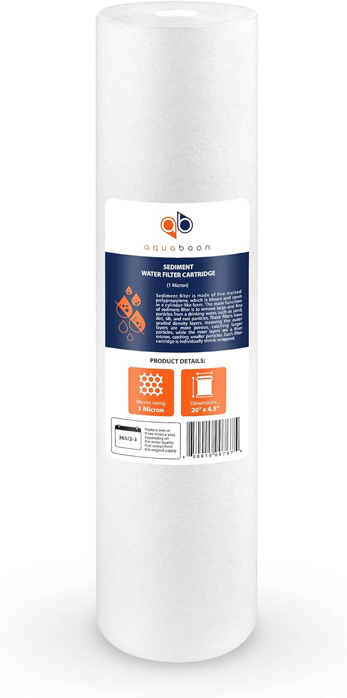 Aquaboon 1 Micron 20" Sediment Water Filter Replacement Cartridge | Whole House Sediment Filtration | Compatible with AP810-2, SDC-45-2005, FPMB5-20, P5-20, FP25B, 155358-43, 6 Pack