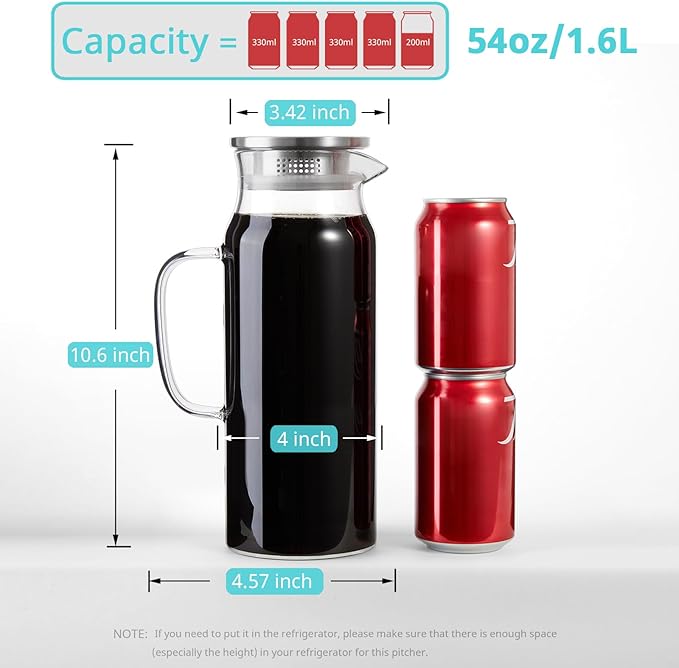 Bivvclaz 2 Pack 1.6 Liter 54 oz Glass Pitcher with Lid and Handle, Glass Carafe Water Pitcher for Hot/Cold Water, Iced Tea, Drinks, Coffee, Juice and Homemade Beverage