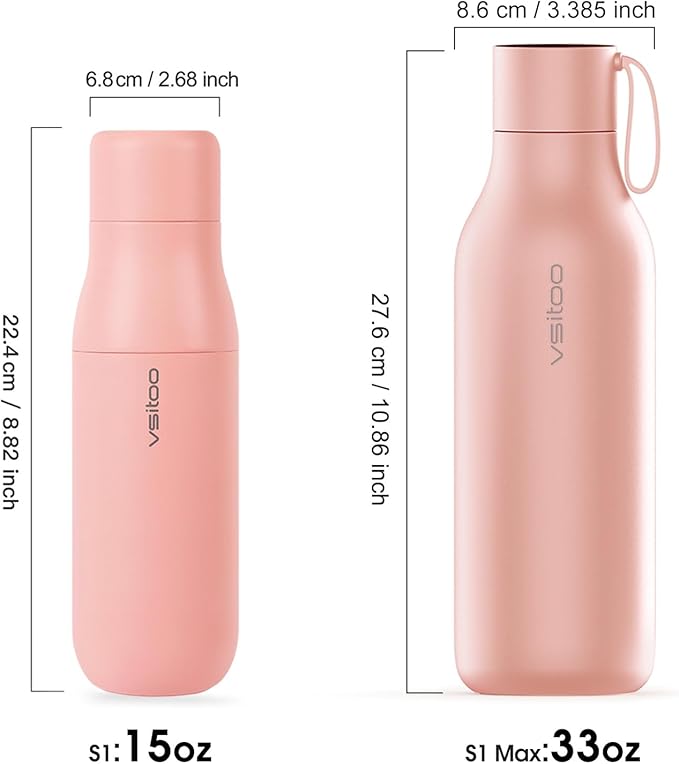 Vsitoo Self Cleaning Water Bottle - 15oz Stainless Steel, AI Self-Clean, 30-Day Battery, Magnetic Charging, BPA-Free for Travel/Gym/Office, No App Needed