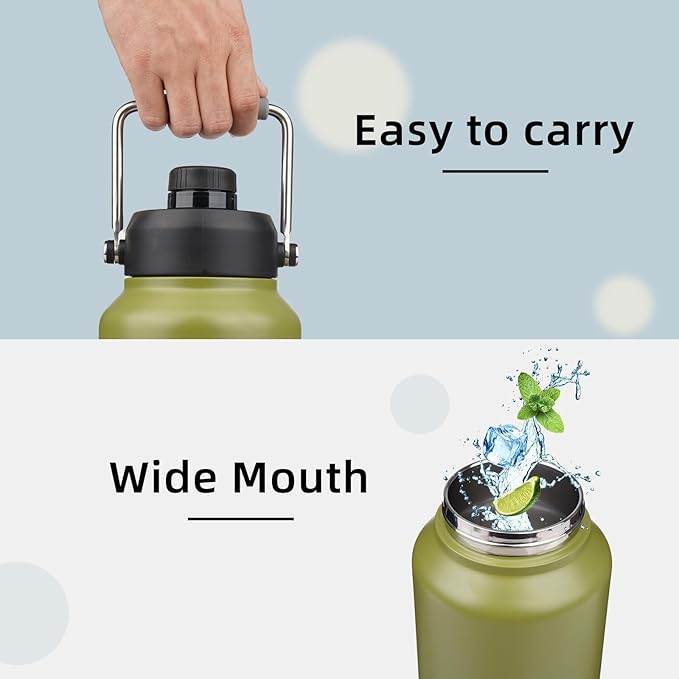 Jug with Handle,87 oz Insulated Water Bottle with Carrying Pouch, Double Wall Vacuum Stainless Steel Metal Bottle,Forest Green