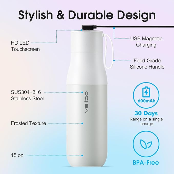 VSITOO 15oz Smart Self Cleaning Water Bottle，Insulated Water Bottle with Stainless Steel, BPA-Free, AI Self-Clean, 30-Day Battery, Magnetic Charging for Travel, Gym or Office, White