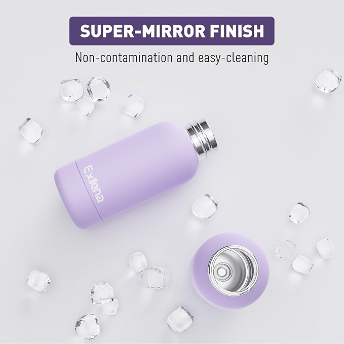 Exllena Small Water Bottle 12oz with Clip, Double Wall Stainless Steel Vacuum Small Insulated Water Bottle Keeps Drinks Cold 24 Hrs/Hot 12 Hrs for Kids Handbag School BPA Free (Purple)
