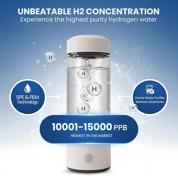 Hydrogen Water Bottle, Portable & Rechargeable – Molecular Hydrogen Water Generator, Alkaline Ionizer, Hydrogenated Water Purifier for Health & Fitness with Hydrogen-Rich Water White
