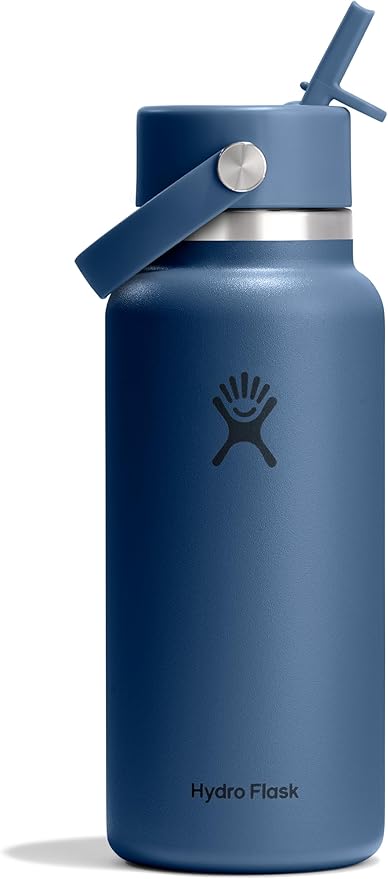 Hydro Flask Water Bottle - Insulated Stainless Steel - Wide Mouth Flex Straw Lid, Non Spill, Leakproof and Refillable in 32 Oz Harbor Blue