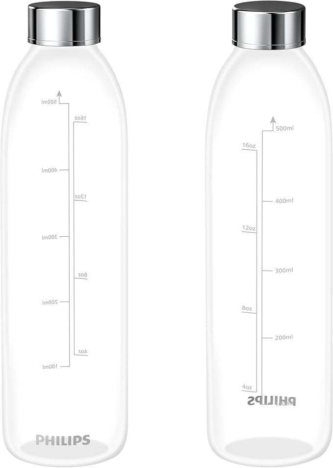 PHILIPS ADD907P2 Glass Bottles 2-Pack, 16.9oz, Compatible with ADD5930BK/37 Water Filter, Leakproof for Travel and Refrigeration, Not for Soda Machines