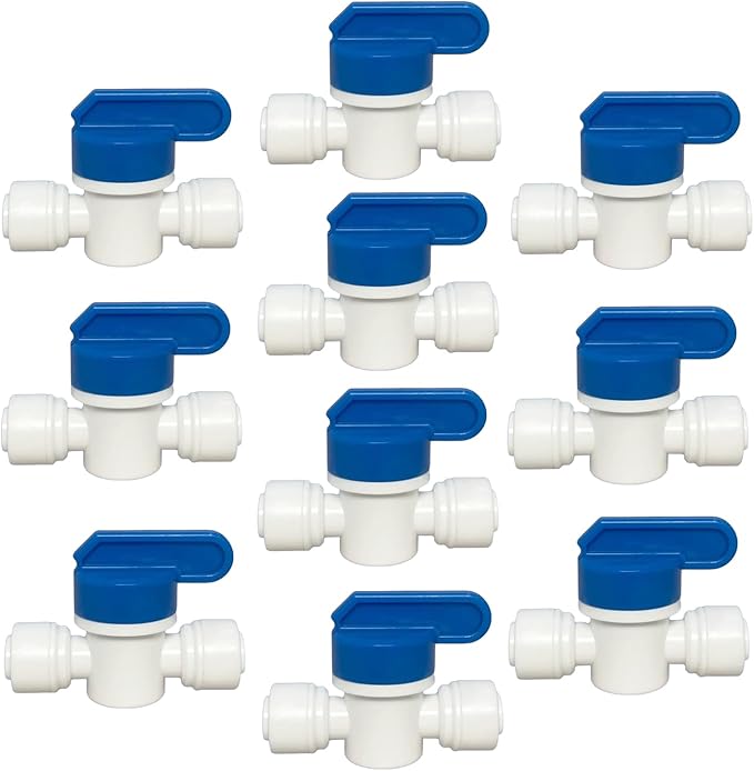 1/4 inch OD Tubing&Hose&Pipe Use Inline Shut Off Ball Valve Plastic Quick Connect Fittings for Water Purifier RODI System (Pack of 10) - AquaVibe