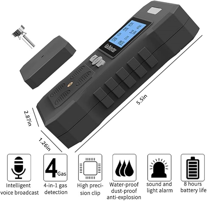 4 Gas Monitor Rechargeable Portable Gas Detector H2S O2 CO and LEL Multi Gas Monitor Professional Gas Sniffer with LCD Display Sound Light Vibration Alarm Mode.