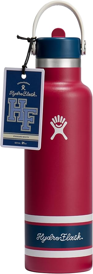 Hydro Flask Water Bottle - Insulated Stainless Steel - Standard Mouth Flex Straw Lid, Non Spill, Leakproof and Refillable in 21 Oz Campus Red