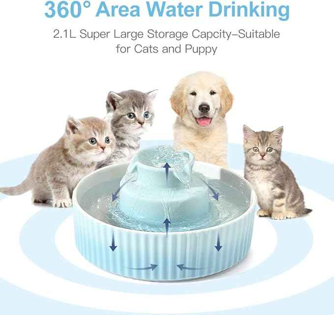 360 Ceramic Pet Fountain, Advanced Porcelain Cat Water Fountain, 70 oz.Drinking Fountains Bowl for Cat and Dogs with Replacement Filters and Foam (Green Blue)
