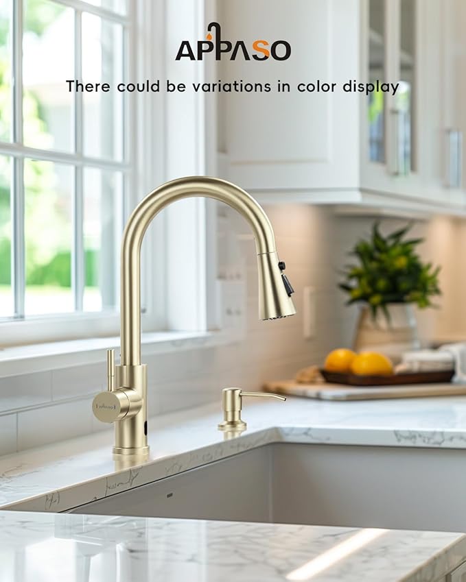 APPASO Gold Kitchen Faucet Touchless, Hands Free Sink Faucets with Soap Dispenser and Pull Down Sprayer 3 Modes, Motion Sensor Faucets for 1 to 4 Holes Sink with Deck Plate, High Arch & Single Handle