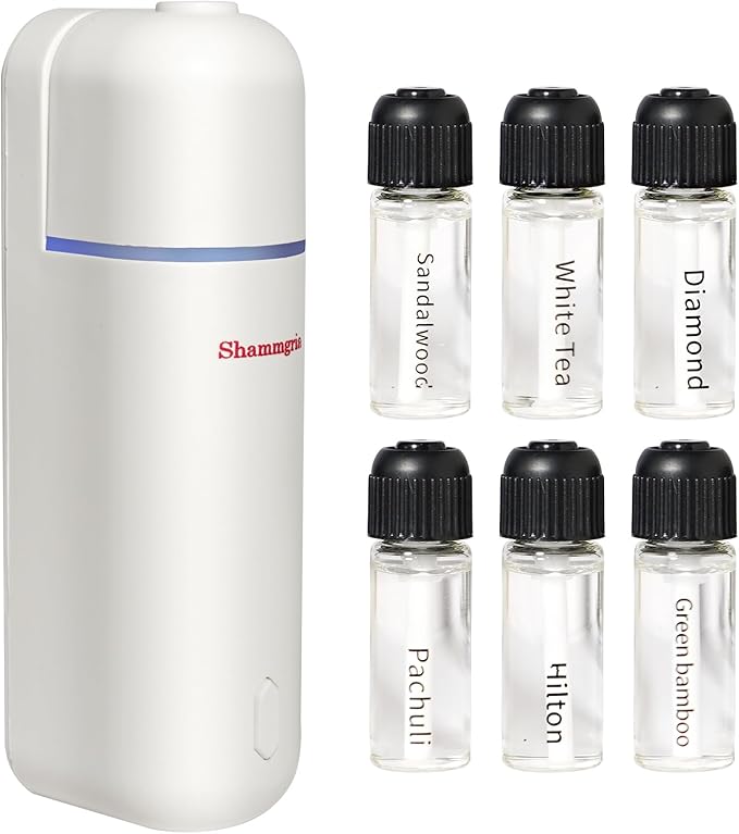 Car Air Freshener Diffuser, Motion Sensor Waterless Essential Oil Diffuser for Car USB Rechargeable Air Freshener with 6 Refill Scent（Hilton/Sandwood/WhiteTea/Diamond/GreenBamboo/Pachuli