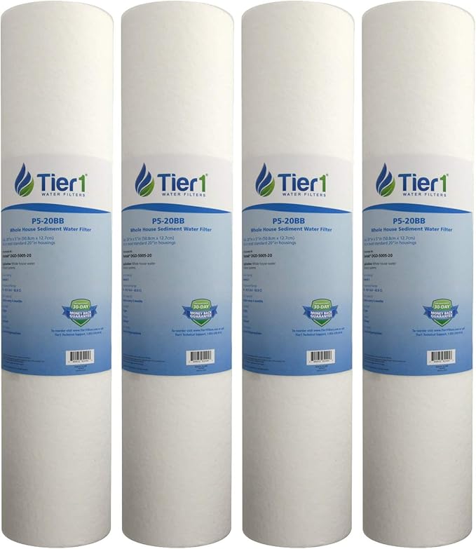 Tier1 5 Micron 20x4.5 Water Filter | Spun Wound Polypropylene Whole House Sediment Pre-Filter Cartridge | Replacement for Pentek DGD-5005-20, SDC-45-2005 | 4.5 x 20 Water Filter Cartridge (4-Pack)