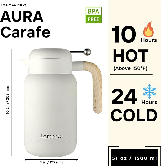 Aura Thermal Coffee Carafe - Vacuum Insulated Stainless Steel Tea Pot & Water Pitcher, Keeps Drinks Hot or Cold, BPA-Free, Beverage Dispenser Thermos - 51 oz Dune