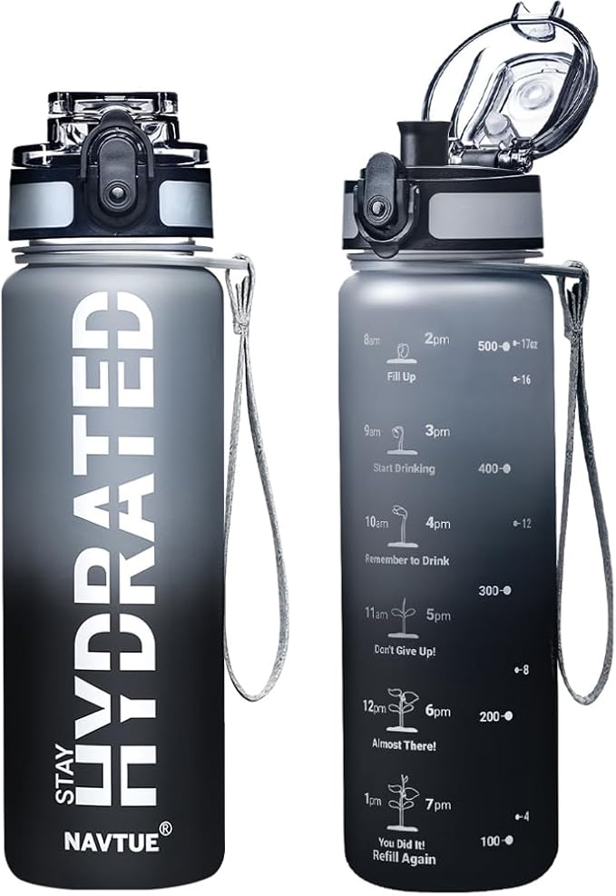 Water Bottle, 16oz Sports Water Bottles with Time Marker Wide Mouth, Motivational and Leakproof Drink Bottle, BPA Free Tritan with Carry Strap for Gym Fitness Outdoor(1 Bottle)