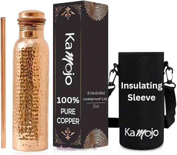 Copper Water Bottle for Drinking - Hammered Pure Copper Tumbler Cup with Leak Proof Lid, Removable Insulating Sleeve & Straw - Handcrafted Ayurvedic Cup for Water 32 fl oz