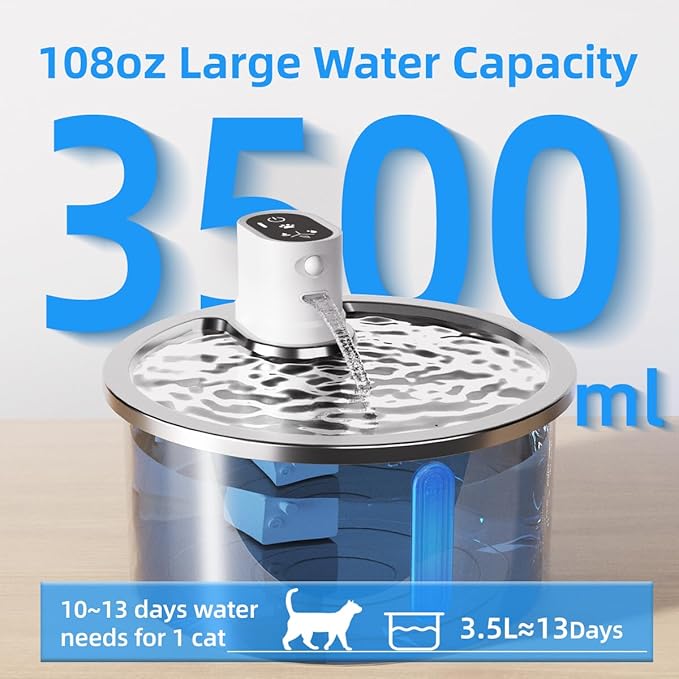Stainless Steel Wireless Cat Water Fountain 3.2L/108oz Automatic Cat Water Dispenser 4000mAh Battery Operated Large Capacity Pet Water Fountains for Cats Dogs (Black Classic)
