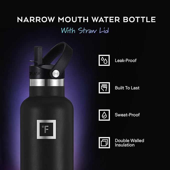 IRON °FLASK Camping & Hiking Hydration Flask with Straw, BPA-Free Insulated Stainless Steel Sports Water Bottle - 32 oz Dark Night
