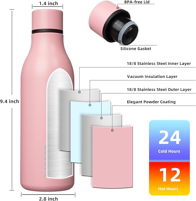 BJPKPK Insulated Water Bottles, 18 oz Stainless Steel Metal Water Bottle with Strap, BPA Free Leak Proof Jugs, Mugs, Flasks, Reusable Thermal Flasks for Sports & Travel, Light Pink