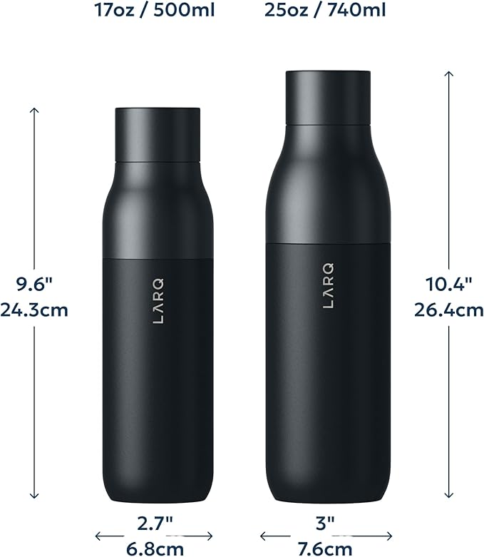 LARQ Bottle PureVis 17 oz - Self-Cleaning and Insulated Stainless Steel Water Bottle with UV Water Purifier and Award-winning Design | Reusable & Travel Friendly, Obsidian Black