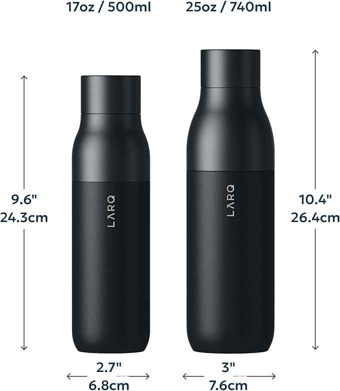 LARQ Bottle PureVis 25 oz - Self-Cleaning and Insulated Stainless Steel Water Bottle with UV Water Purifier and Award-winning Design | Reusable & Travel Friendly, Obsidian Black