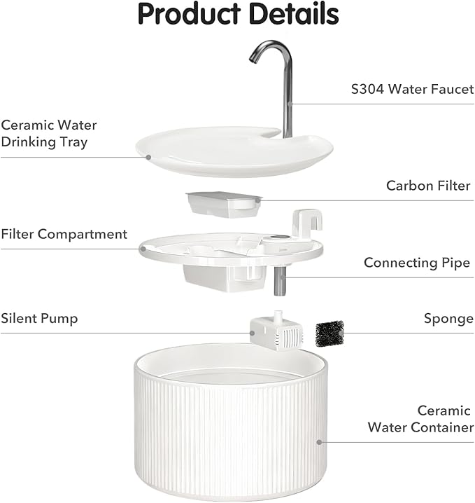 Upgrade Ceramic Cat Water Fountain, 2.2L/78oz Ceramic Cat Fountain, Automatic Ceramic Water Fountain for Cats, Pet Water Fountain with Ultra-Quiet Pump (White)