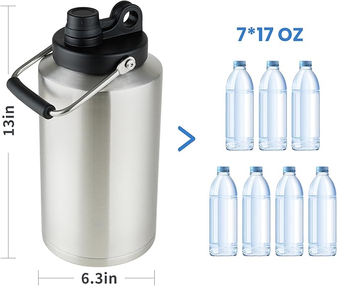 1 Gallon Water Bottle Insulated Stainless Steel Keeps Ice 48Hr, Large Water Gallon Jug Wide Mouth Leakproof Vacuum for Gym, Camping, & Construction Stainless Steels