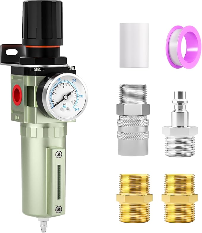 1/2" NPT Heavy Duty Industrial Grade Air Compressor Moisture Filter, Manual Drain, Particulate Filter and Air Regulator For Plasma Cutter and Paint Spray - AquaVibe