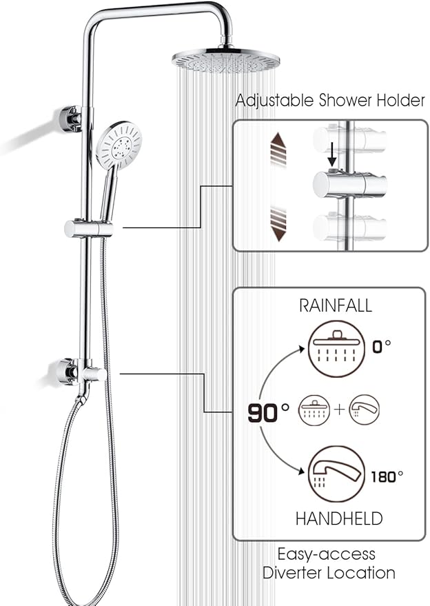 BRIGHT SHOWERS Rain Shower Head System with High Output Shower Filter for Hard Water, Chrome
