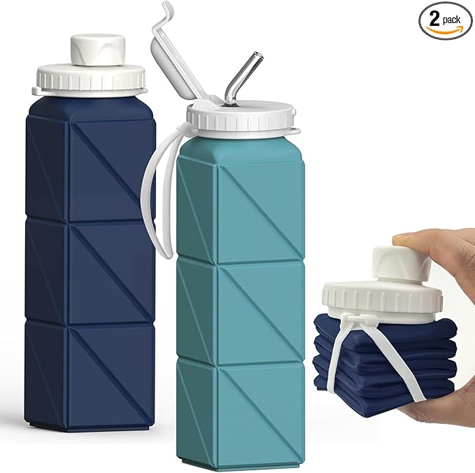 BEAUTAIL Collapsible Water Bottles 20.6oz 2 Pack, Silicone Foldable Portable Water Bottle, BPA-Free, Leakproof Reusable for Travel Camping Hiking Cycling Yoga Sports Outdoor (Blue+DarkBlue)