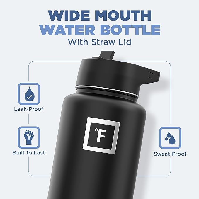 IRON °FLASK Camping & Hiking Hydration Flask with 3 Lids - Stainless Steel, Double Walled & Vacuum Insulated Water Bottle - Leak Proof & BPA Free 32 Oz