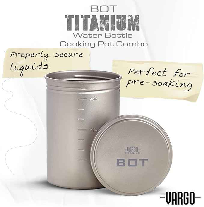 Vargo Titanium BOT Series | 1 Liter (34 oz.) Ultralight Water Bottle Cooking Pot Weighs 147 grams (5.2 oz.) | Backpacking Camping Multipurpose
