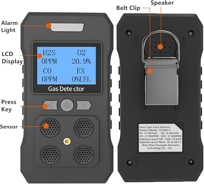 4 Gas Monitor Rechargeable Portable Gas Detector H2S O2 CO and LEL Multi Gas Monitor Professional Gas Sniffer with LCD Display Sound Light Vibration Alarm Mode.