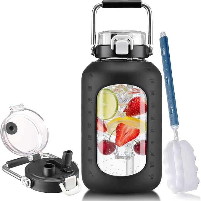 BLUEGO 100 oz Glass Water Bottle with Straw, Huge 3 Liter Water Bottle with Sturdy Handle, Glass Water Jug with Sleeve, Wide Mouth Water Container with Time Marker, Black