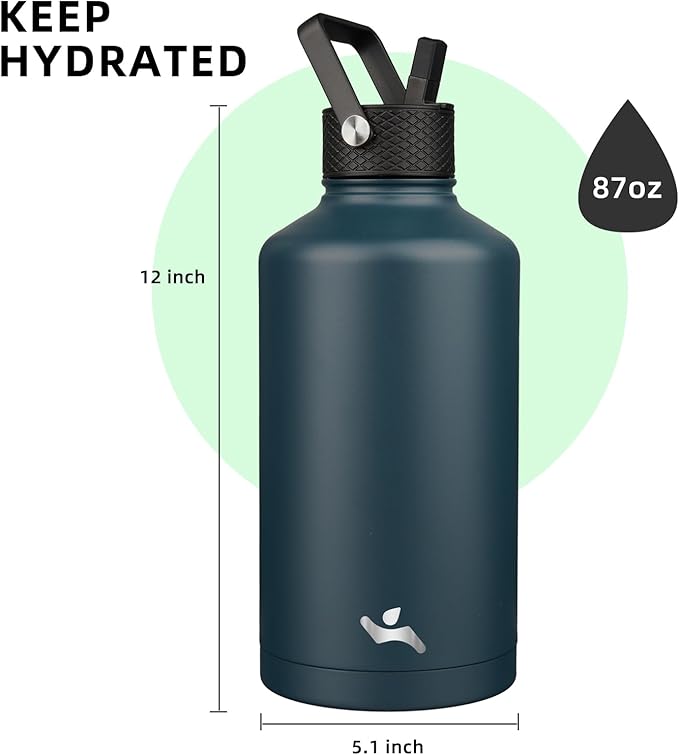 Insulated Water Bottle with Straw,87 oz 3 Lids Water Jug with Carrying Bag,Paracord Handle,Double Wall Vacuum Stainless Steel Metal Flask,Navy Blue