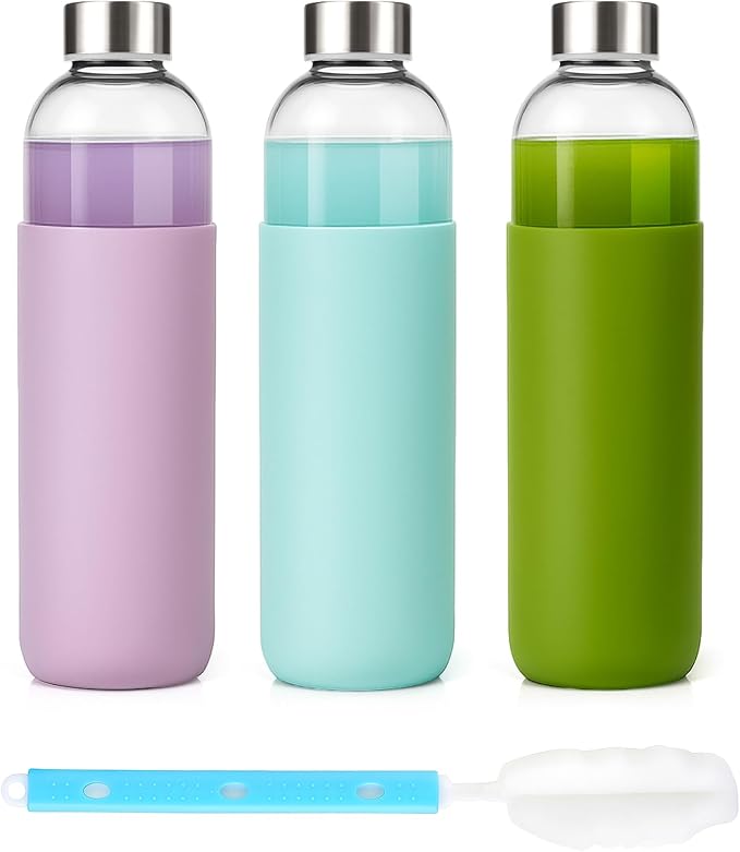 32 oz Glass Juice Bottles with Lids and Silicone Sleeve, Reusable Refillable Water Bottles for Juicing, Refrigerator,100% Leak Proof, BPA Free, Clear Glass Set of 3