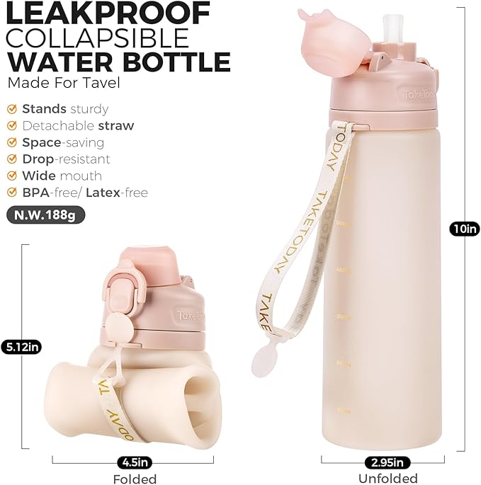 TakeToday Collapsible Water Bottles 20oz (600mL), Foldable Platinum Silicone Travel Water Bottle with Straw & Carry Strap, Leak-Resistant Screw Lid, Wide Mouth, BPA-Free for Hiking, Camping, Travel