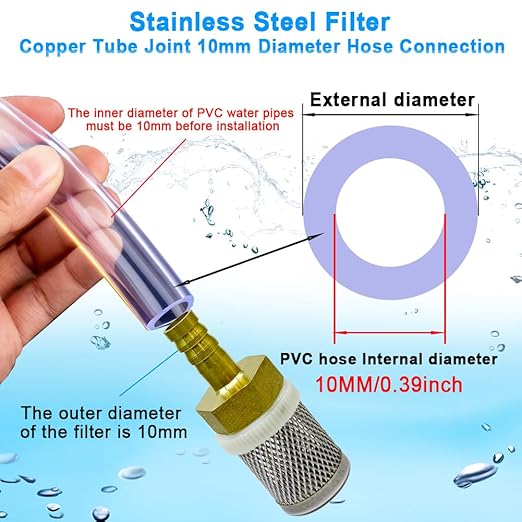 Stainless Steel Filter Copper Tube Joint 10mm Diameter Hose Connection, Garden, Swimming Pool, Fish Tank Hose Filter, Suction Strainers Used to Remove Debris and Reduce Solid Entry(10mm)