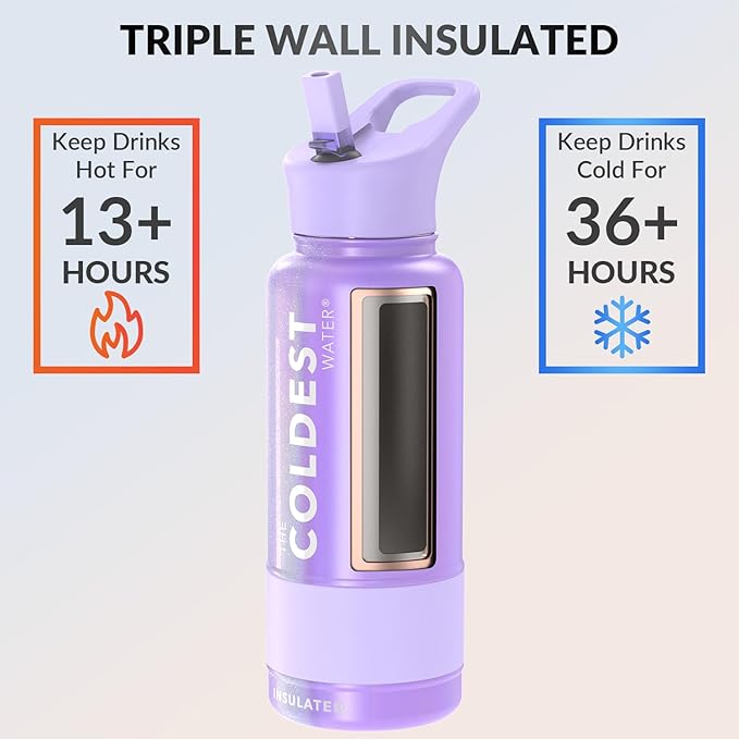 Coldest Insulated Water Bottle with Straw Lid - Stainless Steel Metal Insulated Bottle for Men & Women (Purple Glitter, 32 oz)