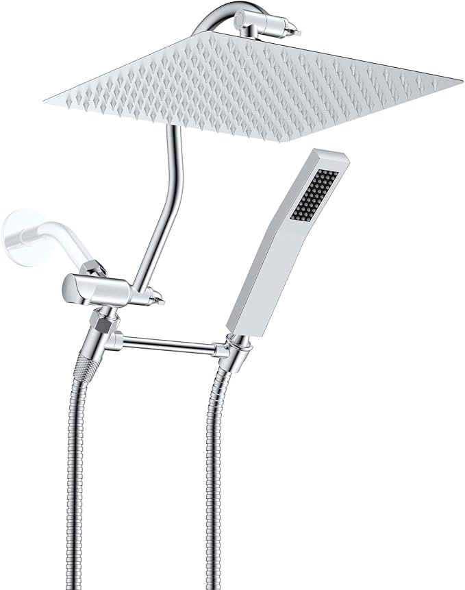 Hibbent All Metal Shower Head, 12'' High Pressure Rainfall Shower Head, Showerhead Combo, Handheld Shower Wand, 12'' Adjustable Curved Shower Extension Arm, 71'' Hose, Shower Head Holder, Chrome