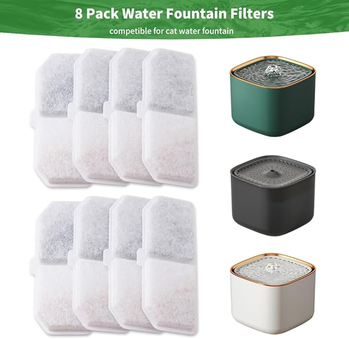Cat Water Fountain Filters, 8 Packs Pet Water Fountain Filter Replacement Competible with Charcoal Water Fountain Filter Compatible with Cat Water Dispenser (White, 8 Filters)