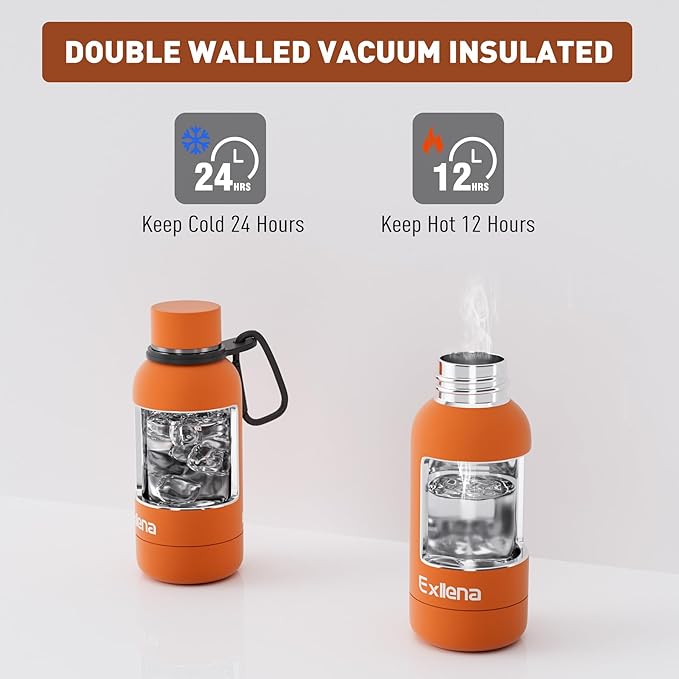 Exllena Small Water Bottle 12oz with Clip, Double Wall Stainless Steel Vacuum Small Insulated Water Bottle Keeps Drinks Cold 24 Hrs/Hot 12 Hrs for Kids Handbag School BPA Free (Bright Orange)