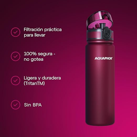 AQUAPHOR City Filtered Water Bottle in Tritan BPA-free - Portable with Integrated Water Purifying Filter 500 ml - Ruby Red
