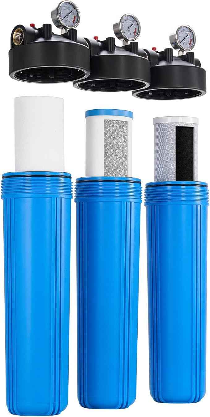 VEVOR Whole House Water Filter System, 3-Stage | Sediment, PHO, CTO | 4.5" x 20" Home Water Purifier Filter Reduce Chlorine, Bad Taste, Odor, Rust, Prevent Scale and Corrosion