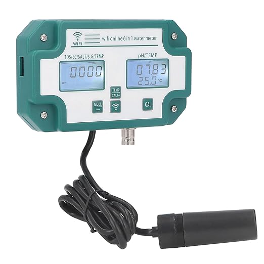 Water Quality Meter, 6 in 1 Multifunctional Water Tester TDS EC SG Salt Temperature Tester with Connection Multi Parameter Water Monitor for Pool, Aquarium, Fish Tank, (