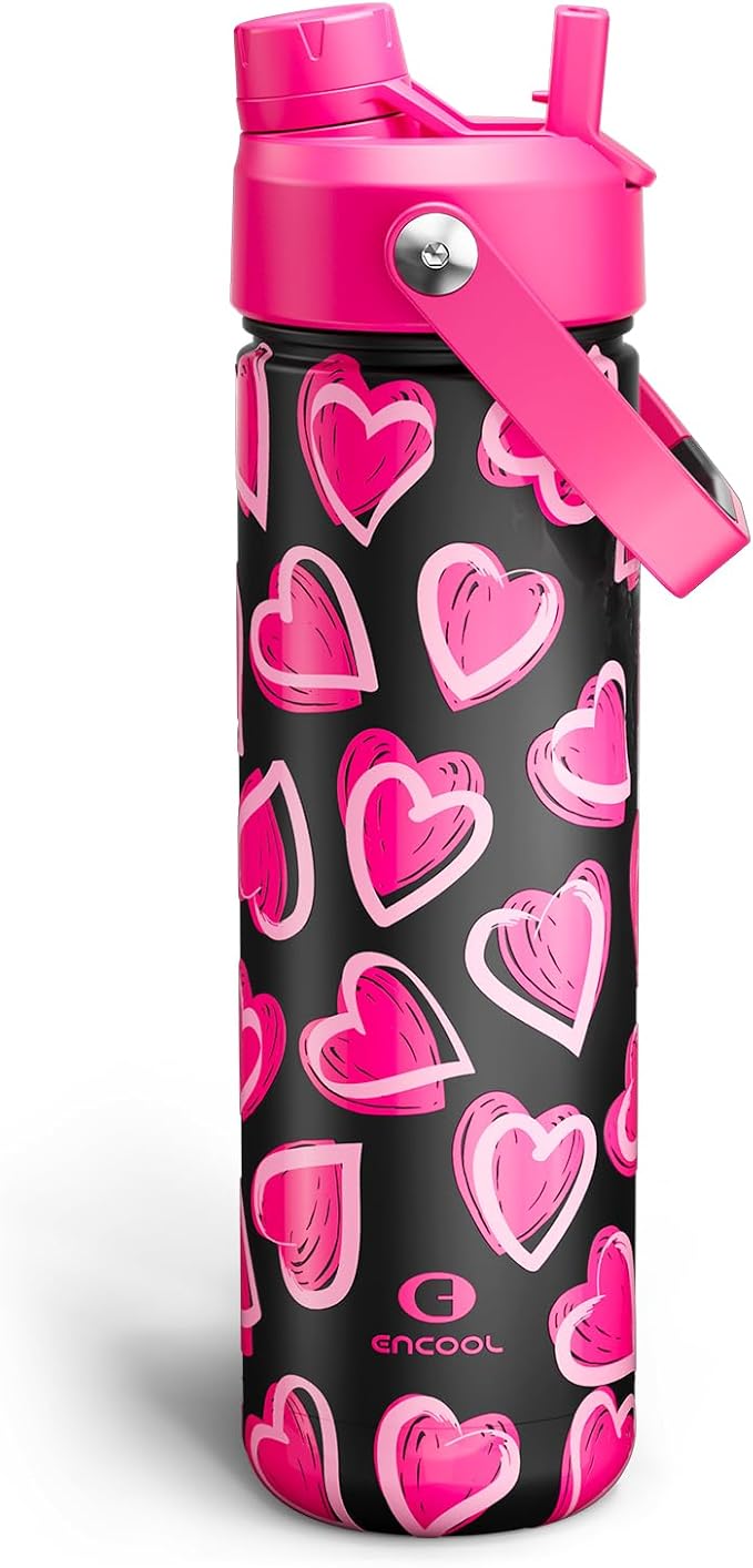 ENCOOL Valentine's Day Insulated Water Bottle with Straw Stainless Steel Water Bottle, Leak-Proof, BPA-Free, Keeps Cold for 24 Hours for Sports, Travel, School (26 oz, Sketch Hearts Pink x Black)