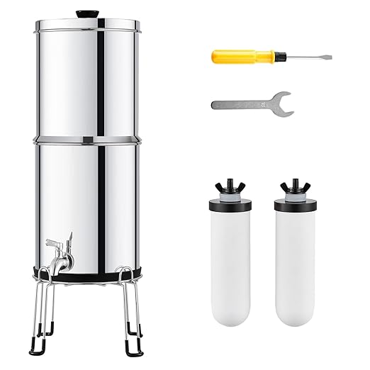 Happybuy Gravity-fed Water Filter System, 2.25G 304 Stainless-Steel Countertop Water Filtration System. Reduces Lead and up to 99% of Chlorine, Equipped with 2 Ceramic Carbon Filters