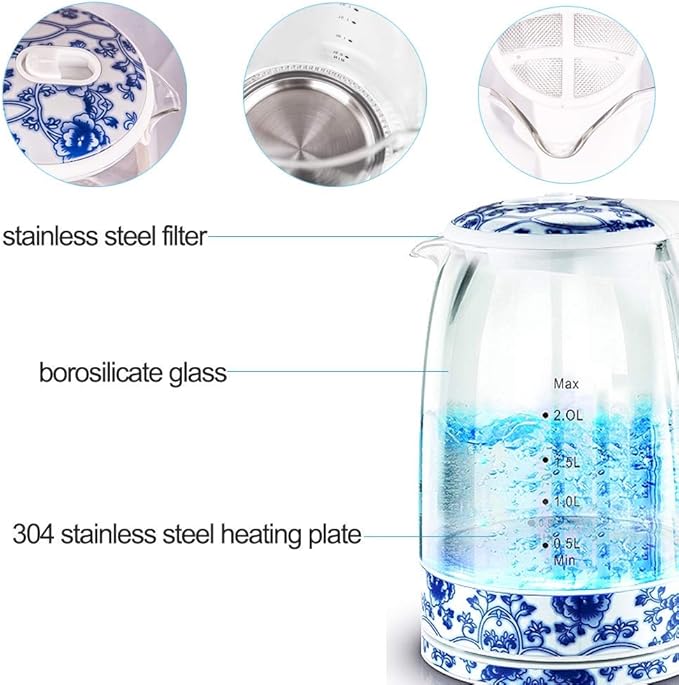 Kettles,2L Glass Electric Kettle,Eco Water Kettle, Cordless Water Boiler with Stainless Steel Inner Lid Base,Fast Boil Auto-Off Boil-Dry Protection,1850W