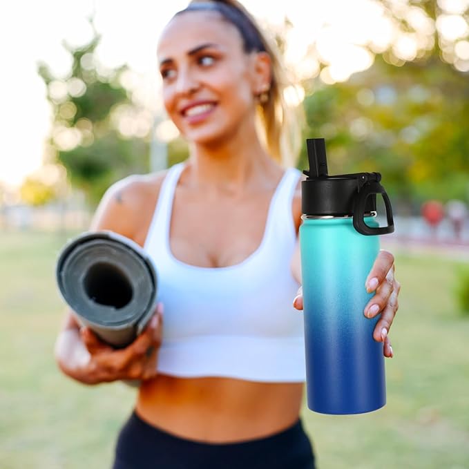 Volhoply Kids Insulated Water Bottle with Straw,16oz Stainless Steel Cold Water Bottles for School,BPA-Free Metal Wide Mouth Cups with Handle,Reusable Double Wall Vacuum Sport Flask(Green Blue,1)