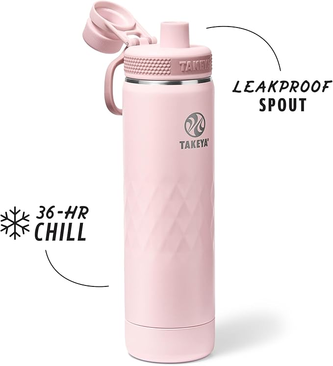Takeya Sport 22 oz Triple-Insulated Stainless Steel Water Bottle, Spout Lid – Leakproof, Sweatproof, BPA-Free, Keeps Drinks Cold 36 Hrs, Hot 14 Hrs – Peony