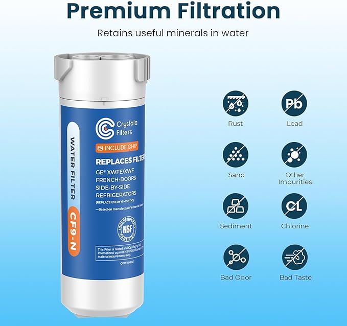 Crystala Filters Water Filter Compatible with XWFE (Built-in CHIP), Replacement for GE XWFE, XWF Refrigerator Water Filter Pack of 1